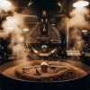 Coffee roasting process, beans tumbling in industrial roaster, dramatic steam and smoke, warm amber light, artisan roastery environment, documentary photography, dark moody aesthetic, craft and tradition fe