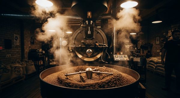 Coffee roasting process, beans tumbling in industrial roaster, dramatic steam and smoke, warm amber light, artisan roastery environment, documentary photography, dark moody aesthetic, craft and tradition fe